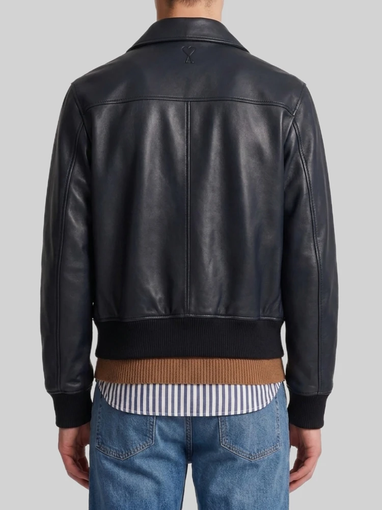 Black lambskin leather zip-up jacket alternative