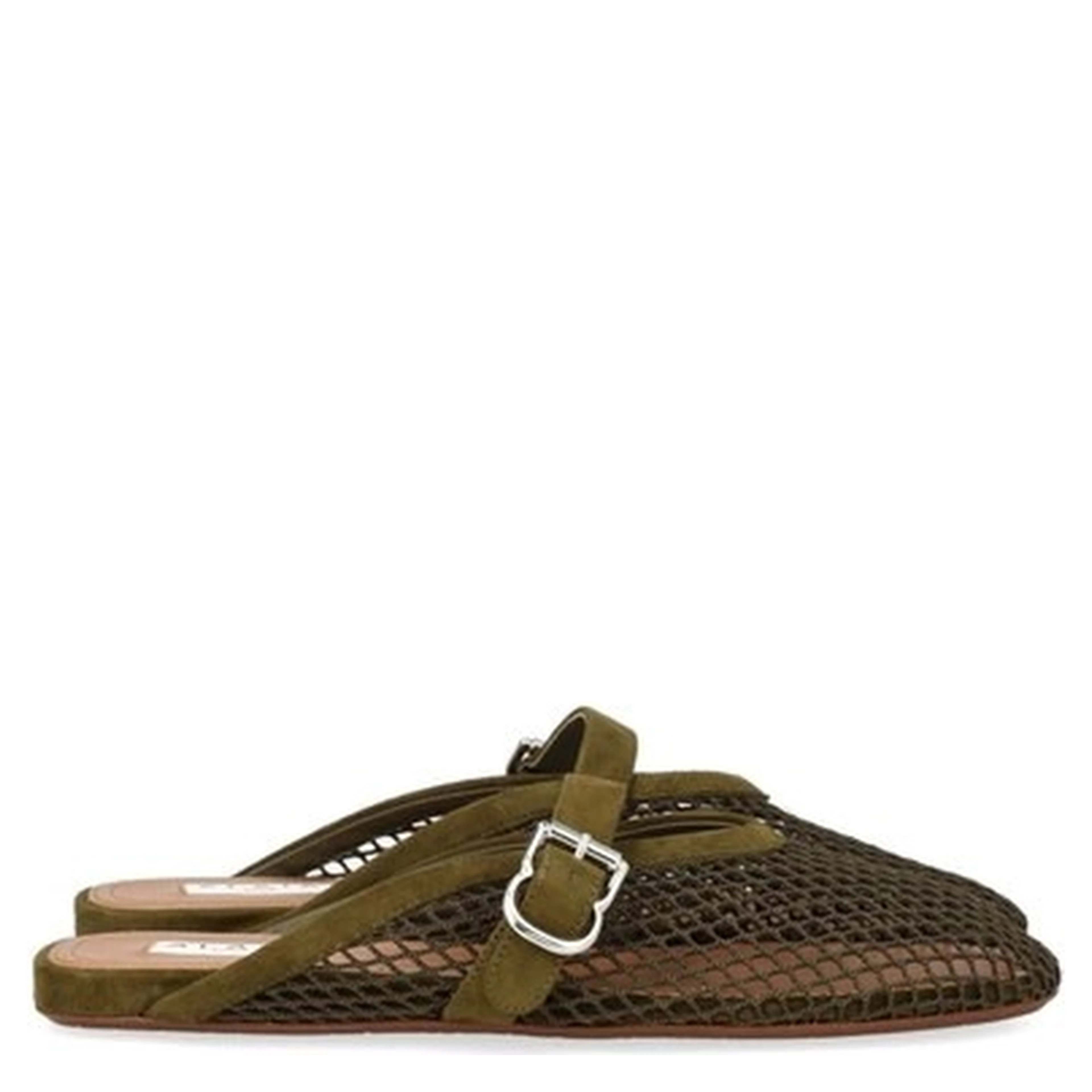 Fishnet and suede flat mules