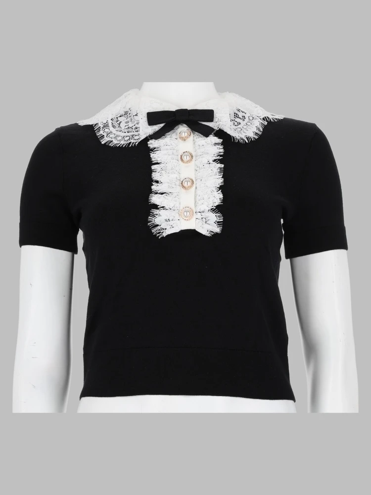 Top In Maglia Con Colletto In Pizzo