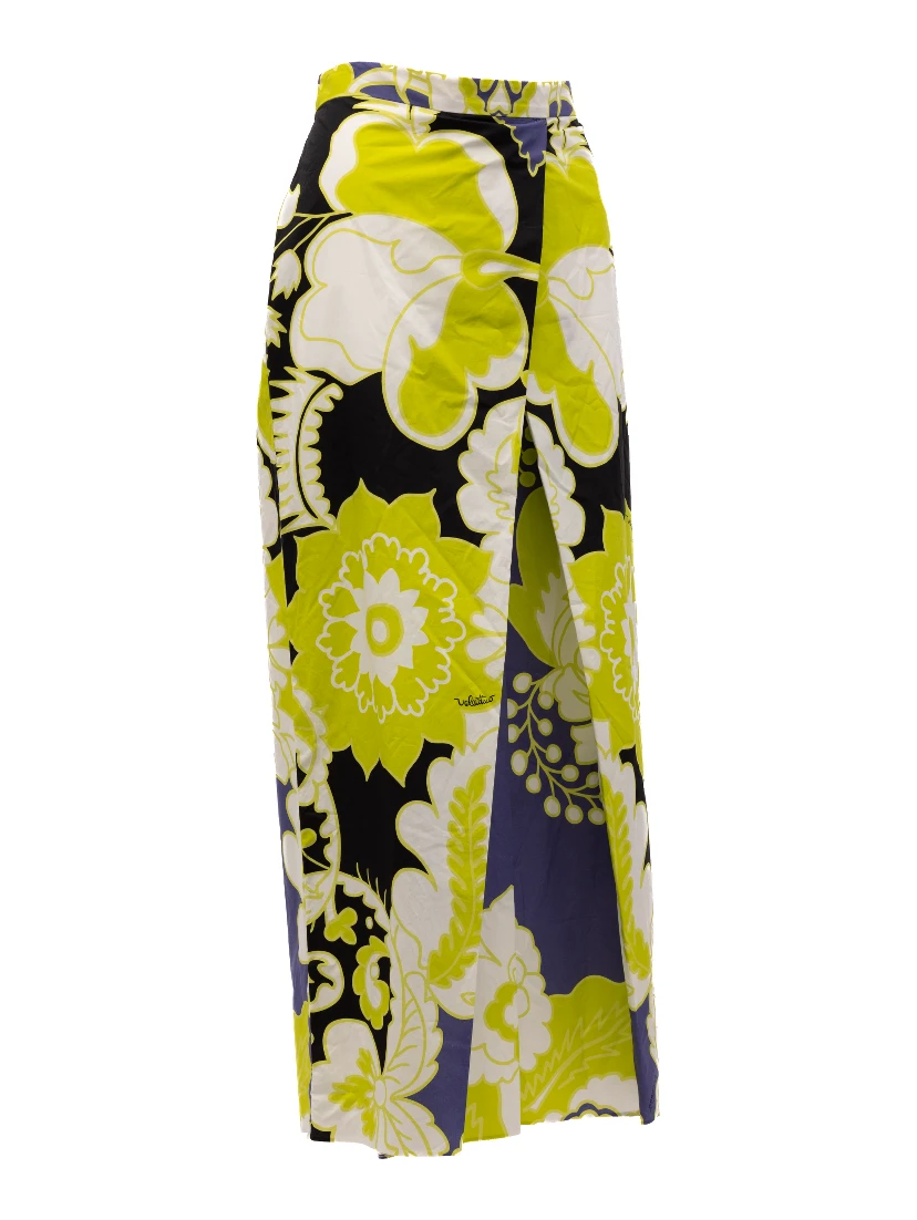 Women Floral Skirt in Black, Lime Green, White Details