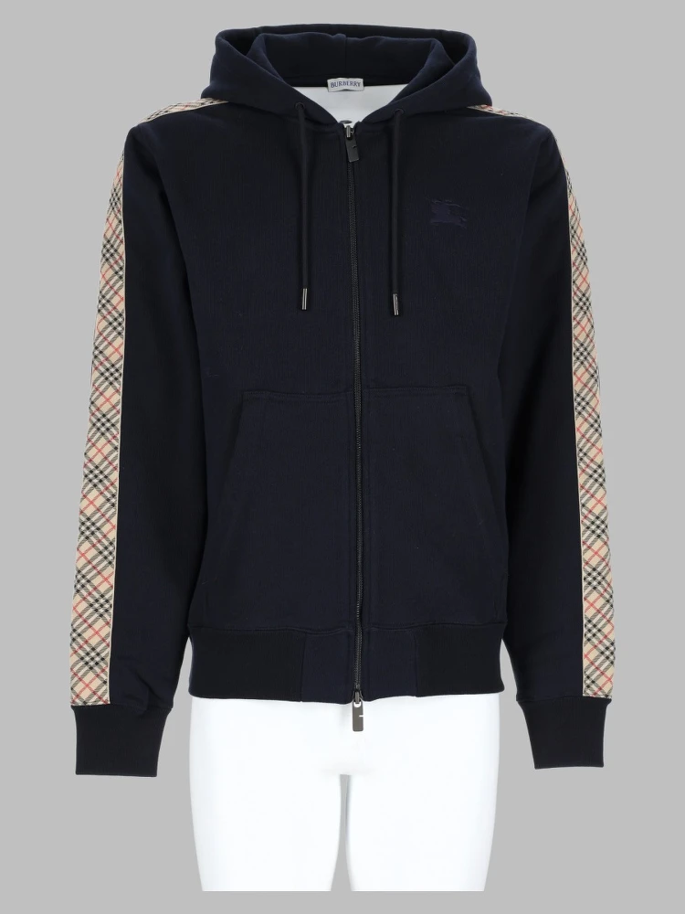 Felpa in cotone con cappuccio, cerniera e finiture Check
