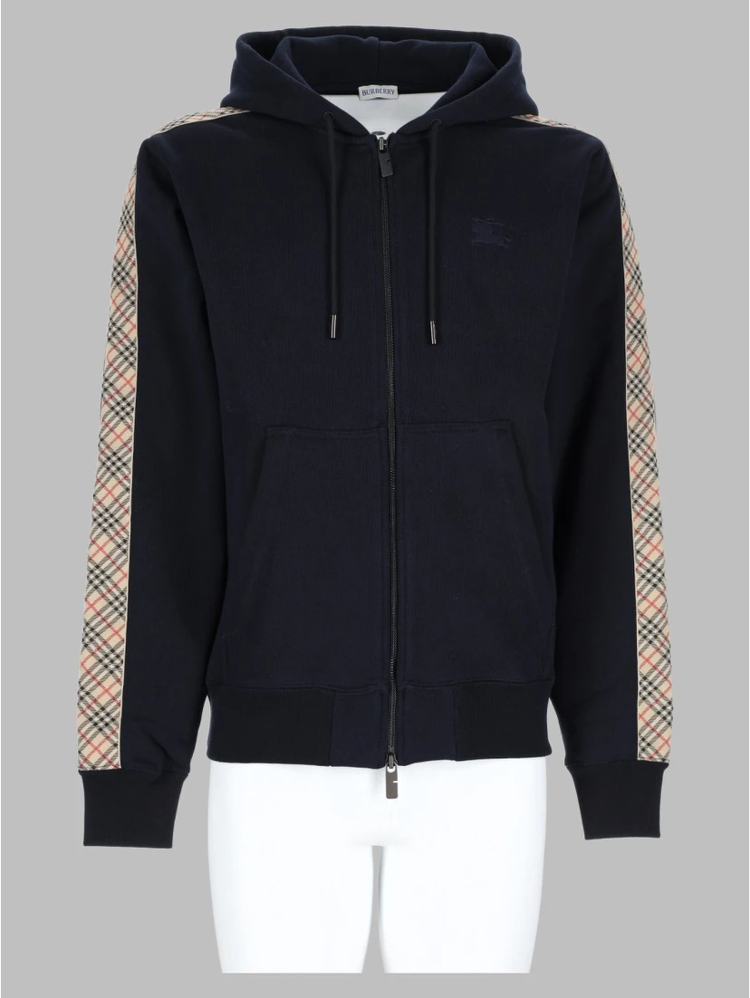 Felpa in cotone con cappuccio, cerniera e finiture Check
