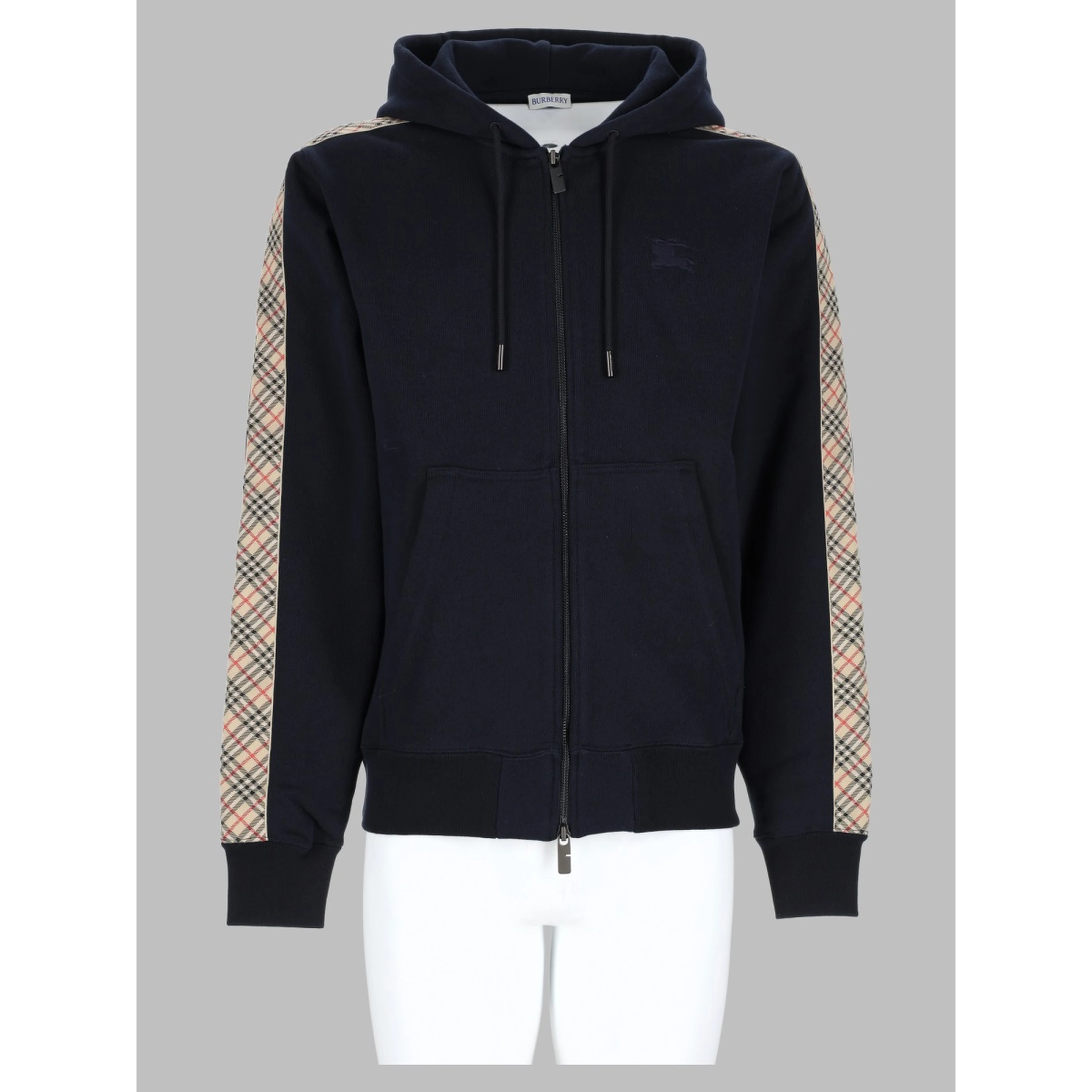 Felpa in cotone con cappuccio, cerniera e finiture Check