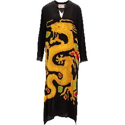 Dragon Embroidery Gown Dress in Black and Yellow