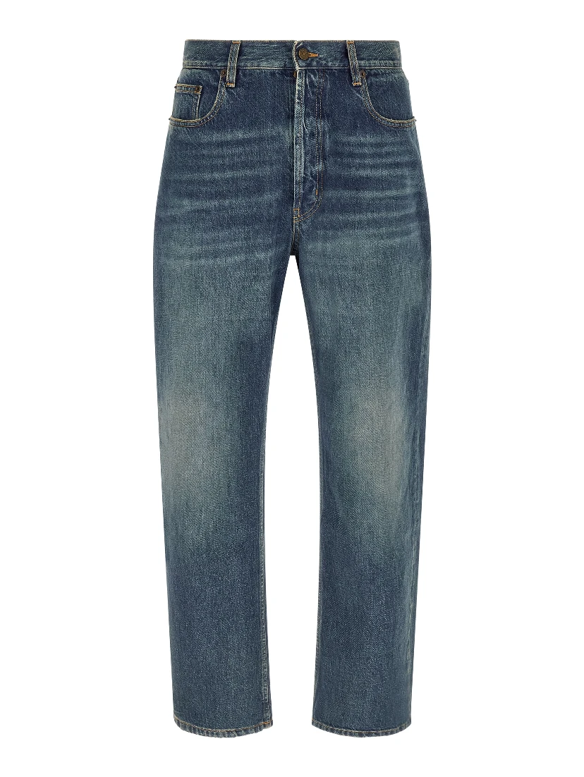 Blue Cotton Straight-Leg Jeans