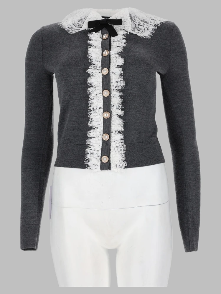 Cardigan in Lana con Colletto in Pizzo