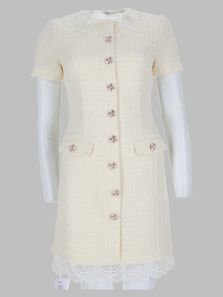 Mini Abito Sartoriale in Bouclé con Inserti in Pizzo