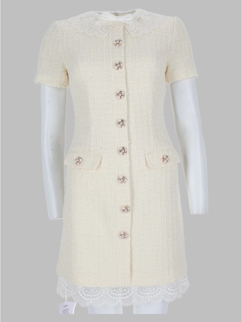Mini Abito Sartoriale in Bouclé con Inserti in Pizzo