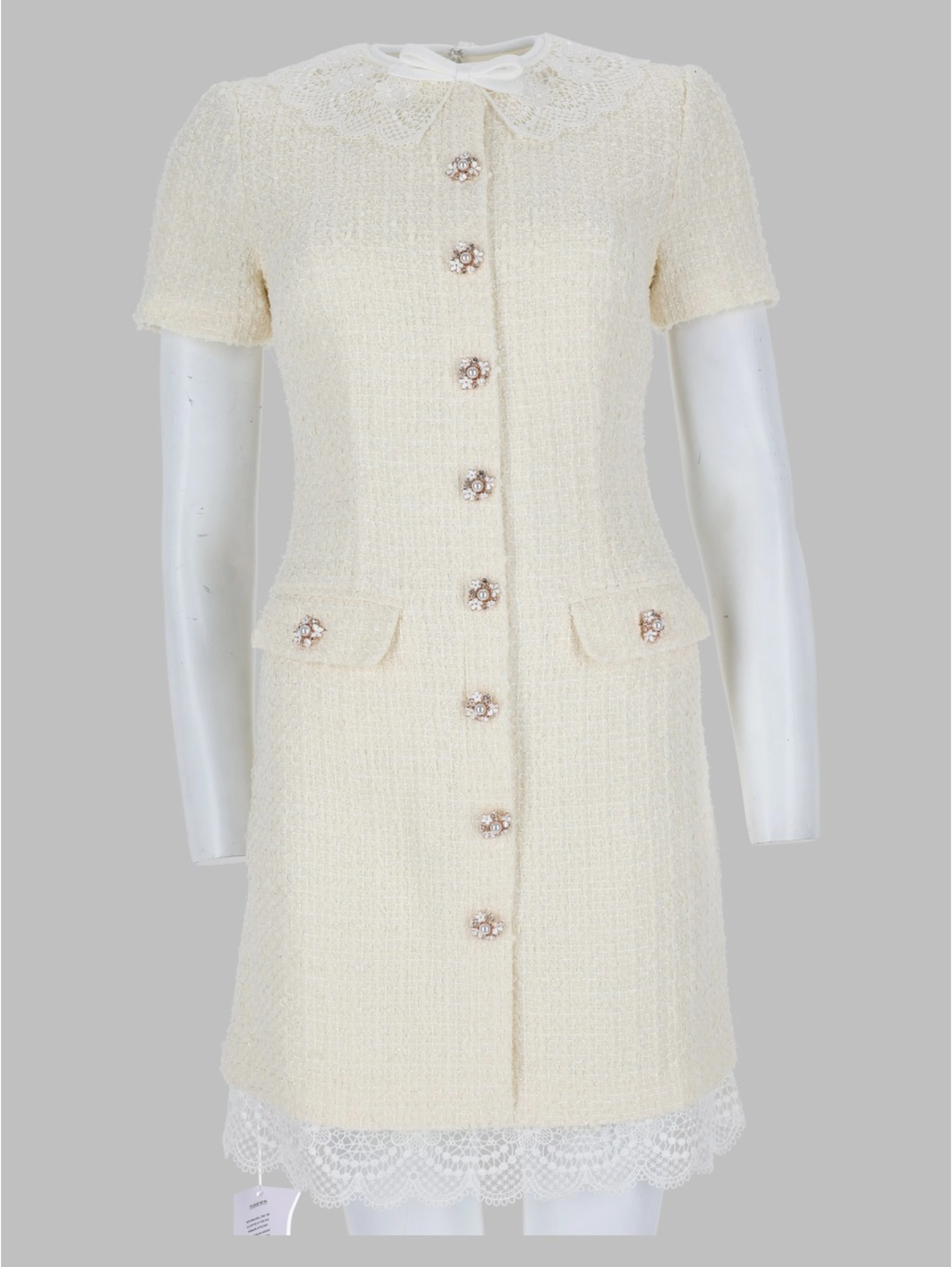 Mini Abito Sartoriale in Bouclé con Inserti in Pizzo