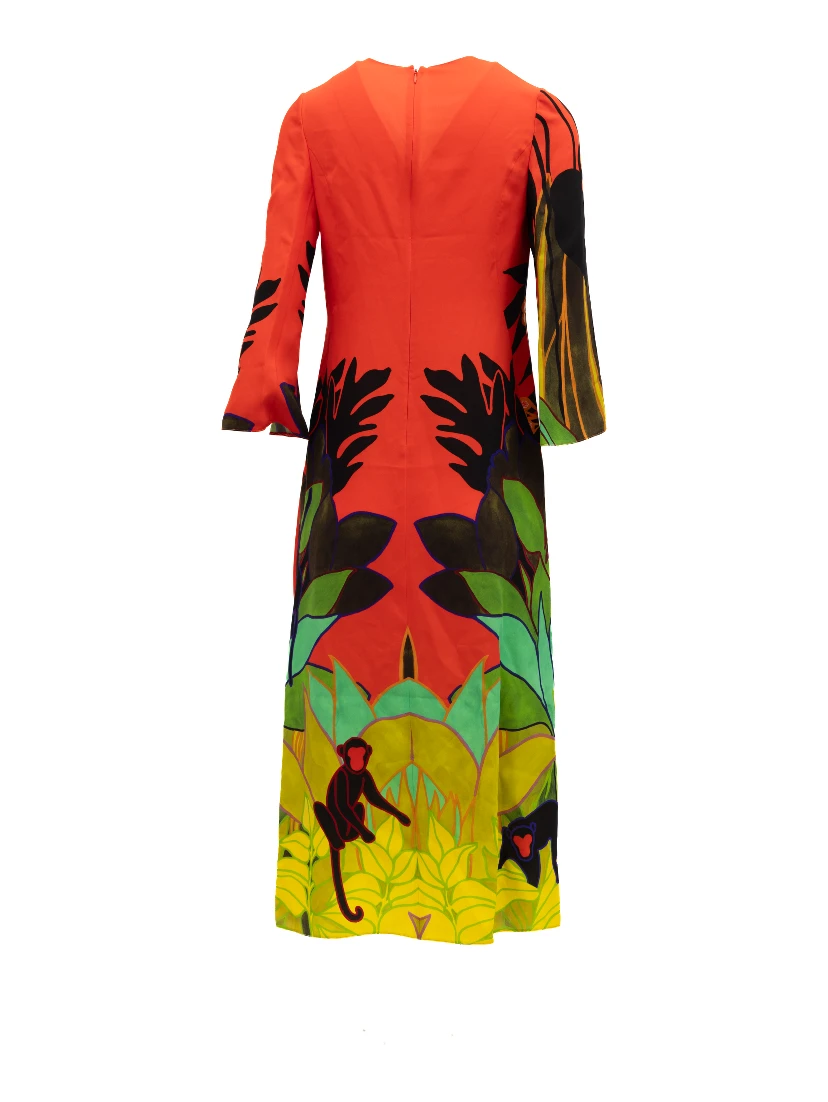 Tropical Print Long Sleeve Midi Dress