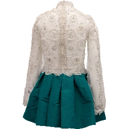 White Beaded Lace Mini Dress with Teal Skirt