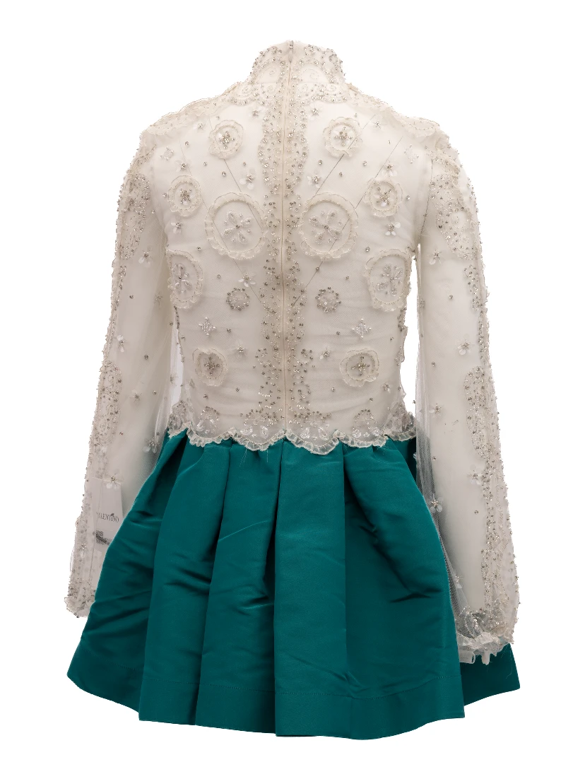 White Beaded Lace Mini Dress with Teal Skirt
