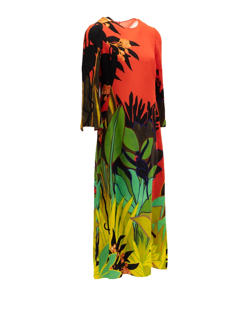 Tropical Print Long Sleeve Midi Dress