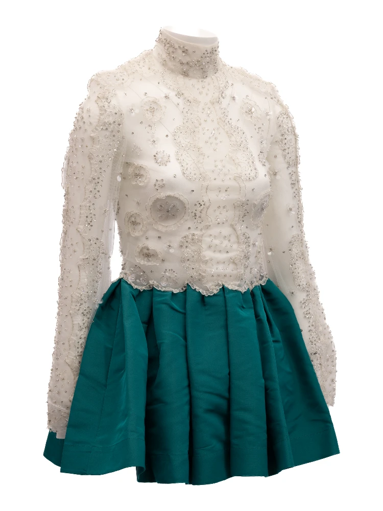 White Beaded Lace Mini Dress with Teal Skirt alternative