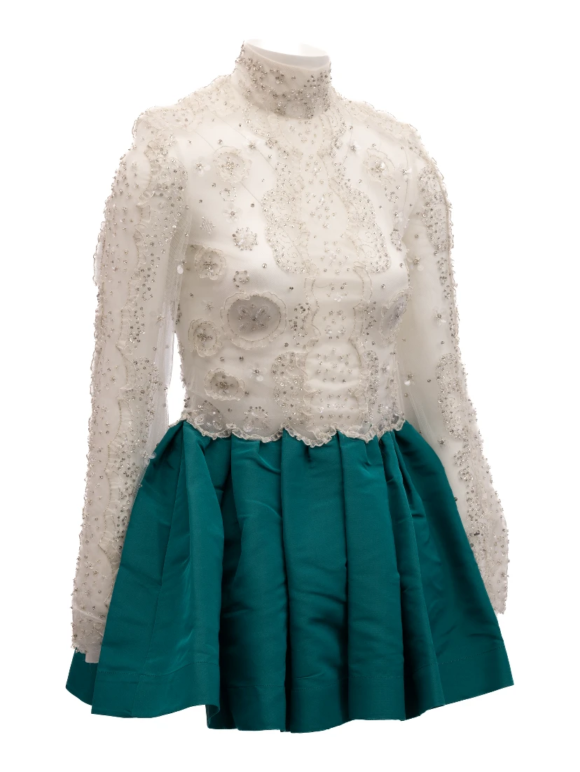 White Beaded Lace Mini Dress with Teal Skirt
