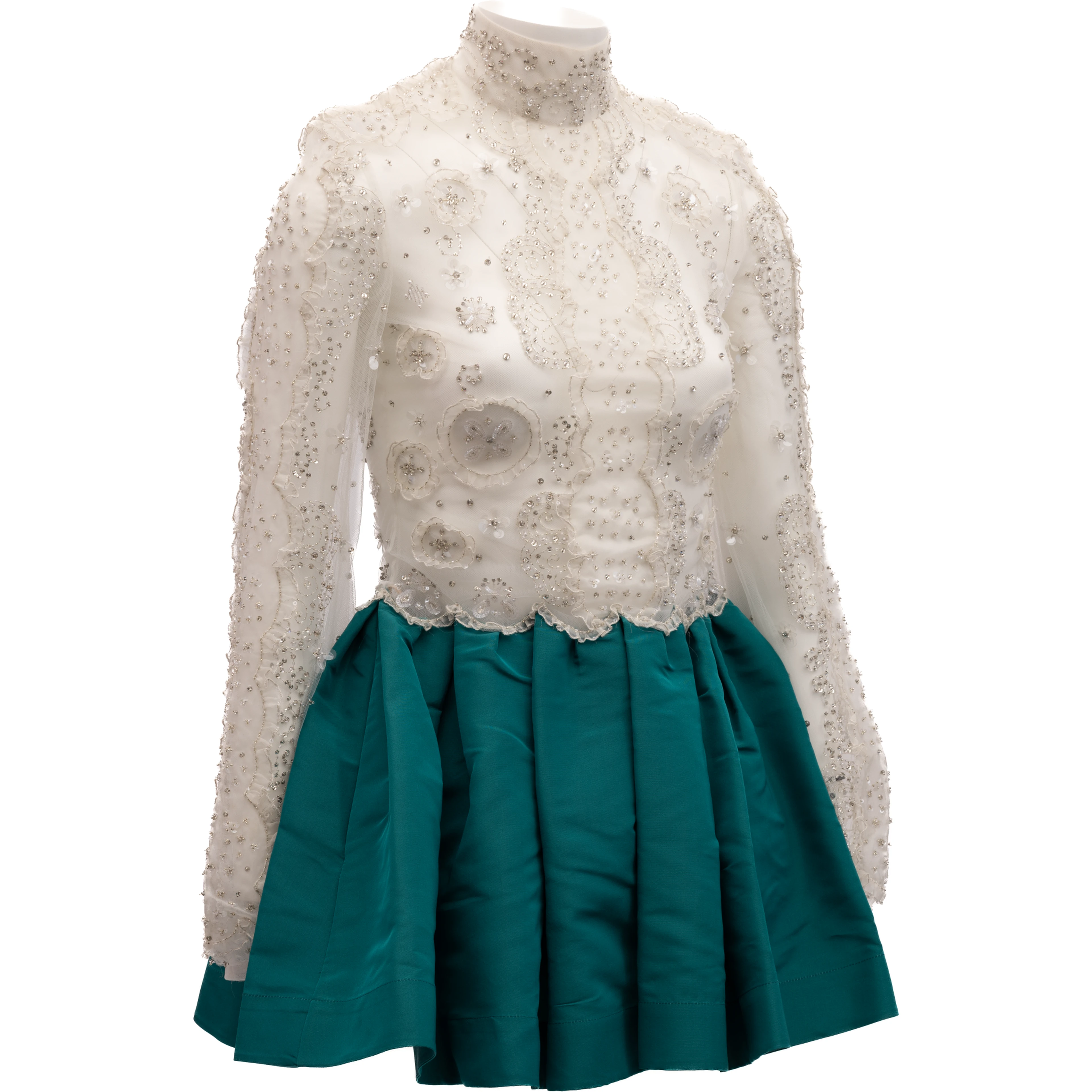 White Beaded Lace Mini Dress with Teal Skirt