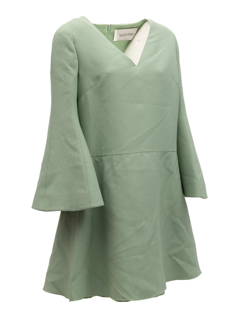 Sage Green V-Neck Dress with Bell Sleeves
