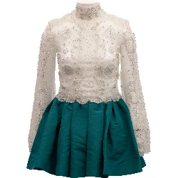 White Beaded Lace Mini Dress with Teal Skirt