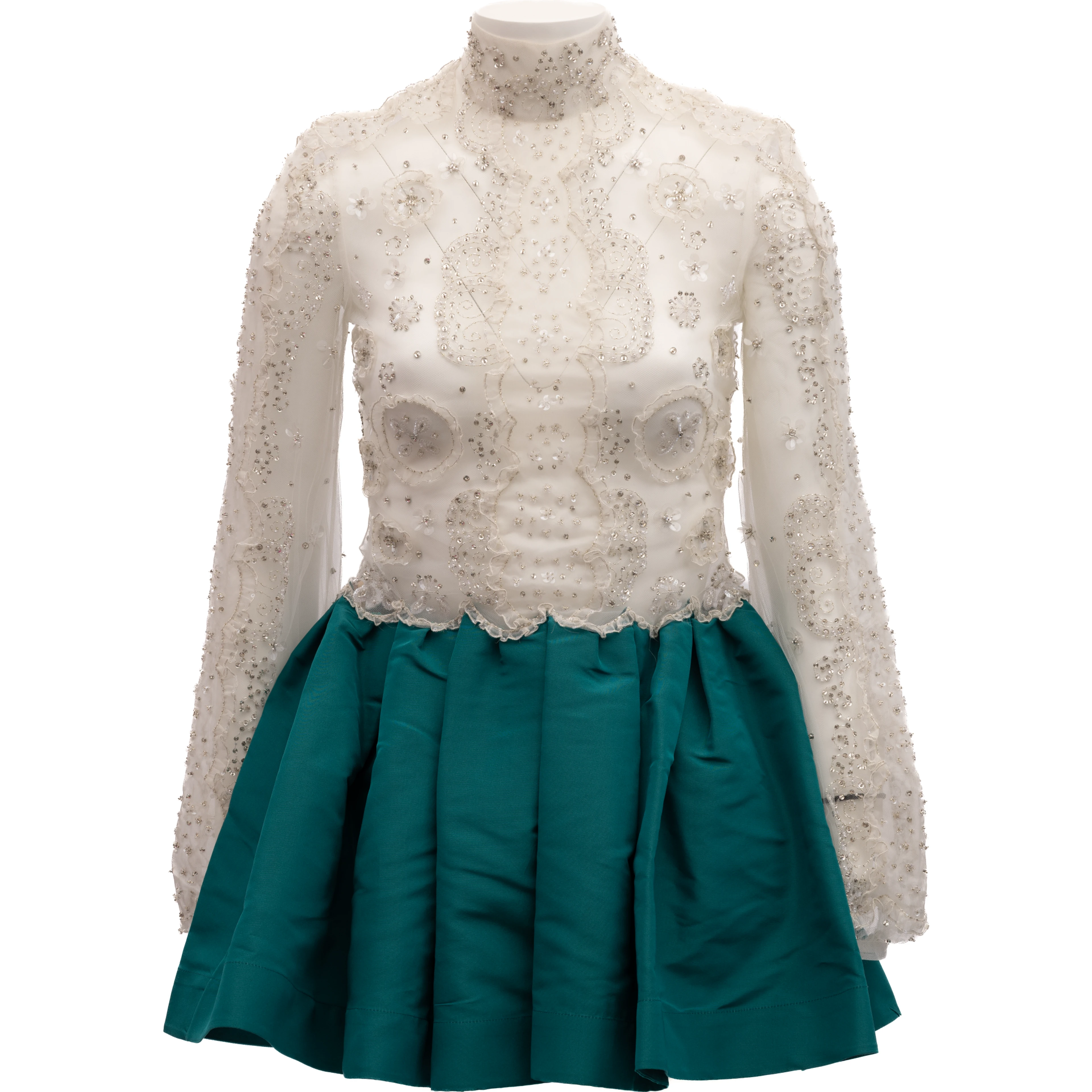 White Beaded Lace Mini Dress with Teal Skirt