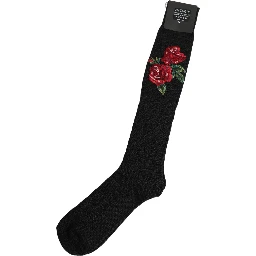 Black Wool Floral Over The Calf Accessory Socks