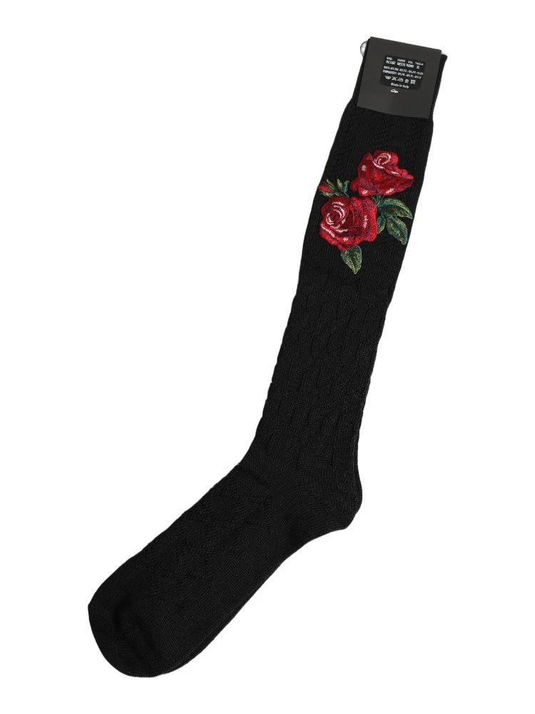 Black Wool Floral Over The Calf Accessory Socks
