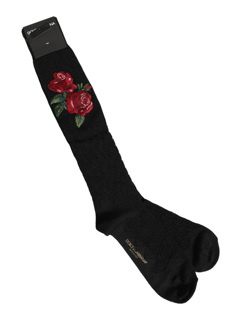 Black Wool Floral Over The Calf Accessory Socks