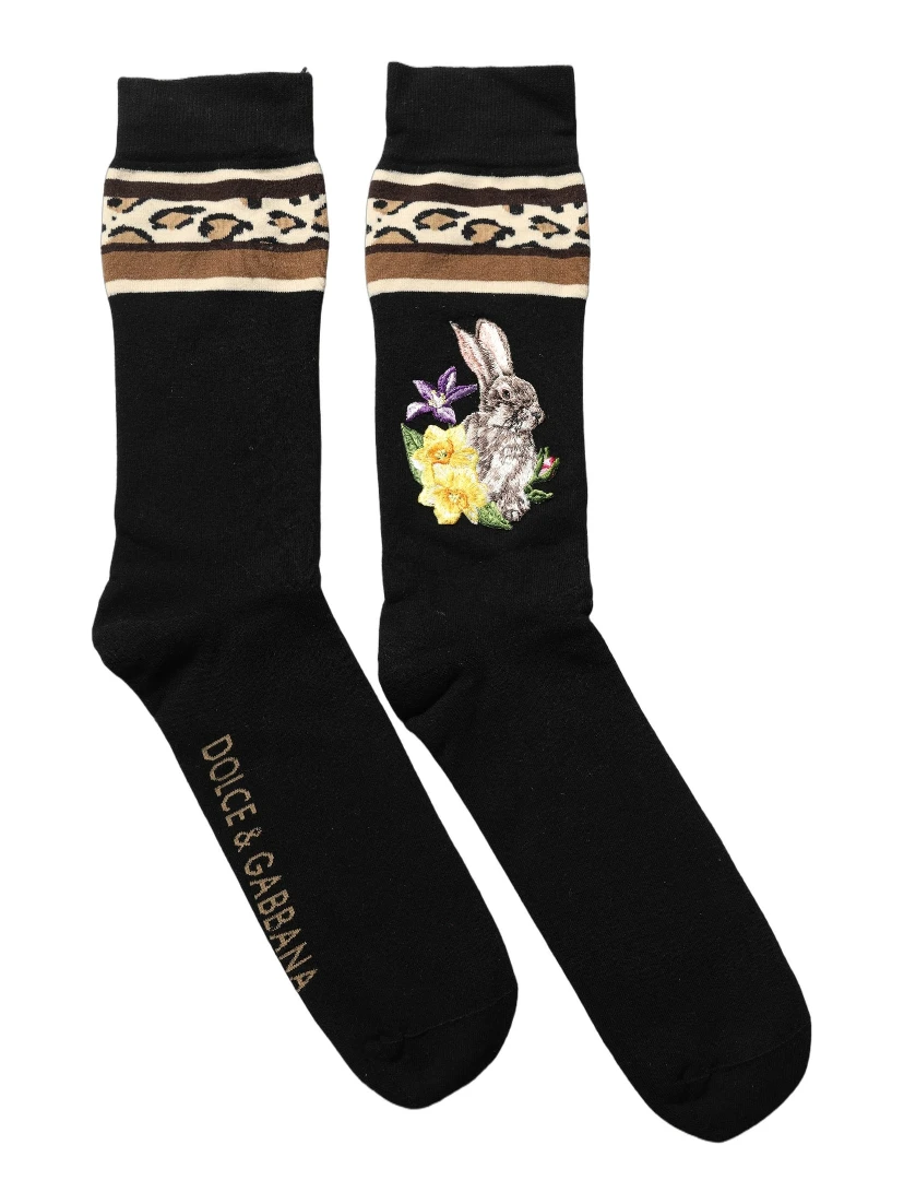 Black Rabbit Floral Wool Mid Calf Accessory Socks