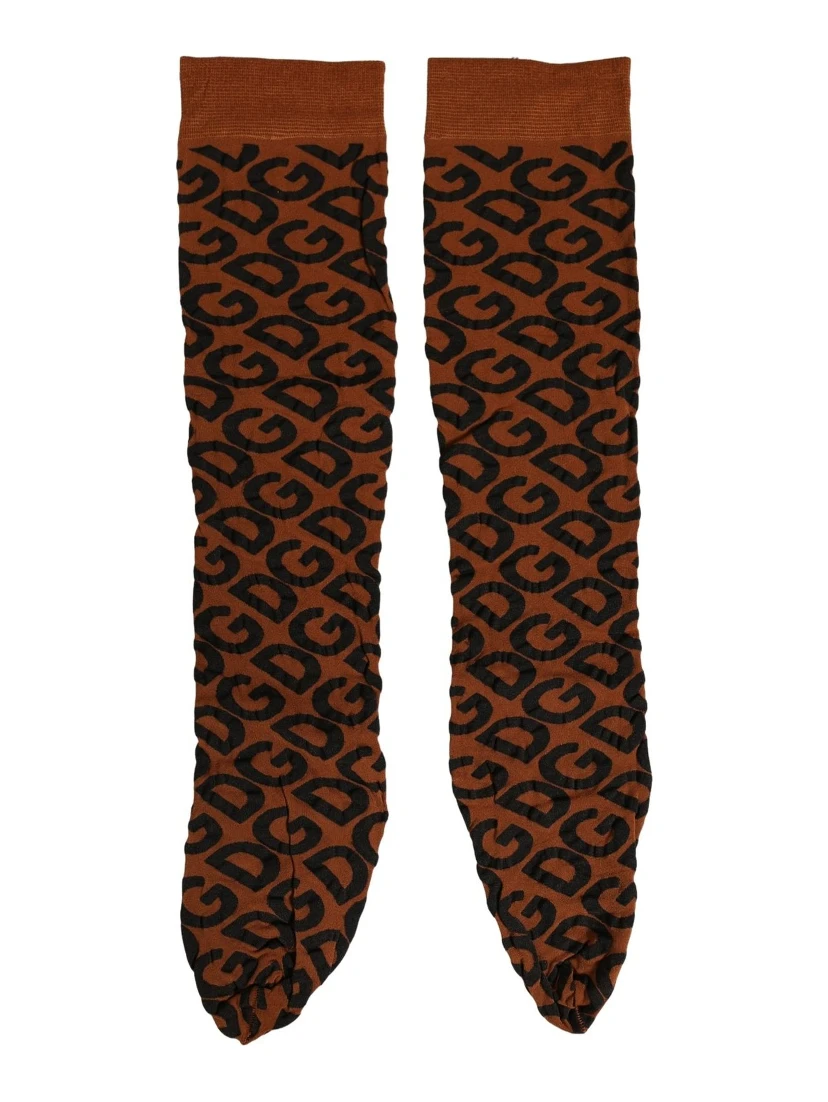 Brown Black Nylon DG Logo Mid Calf Accessory Socks