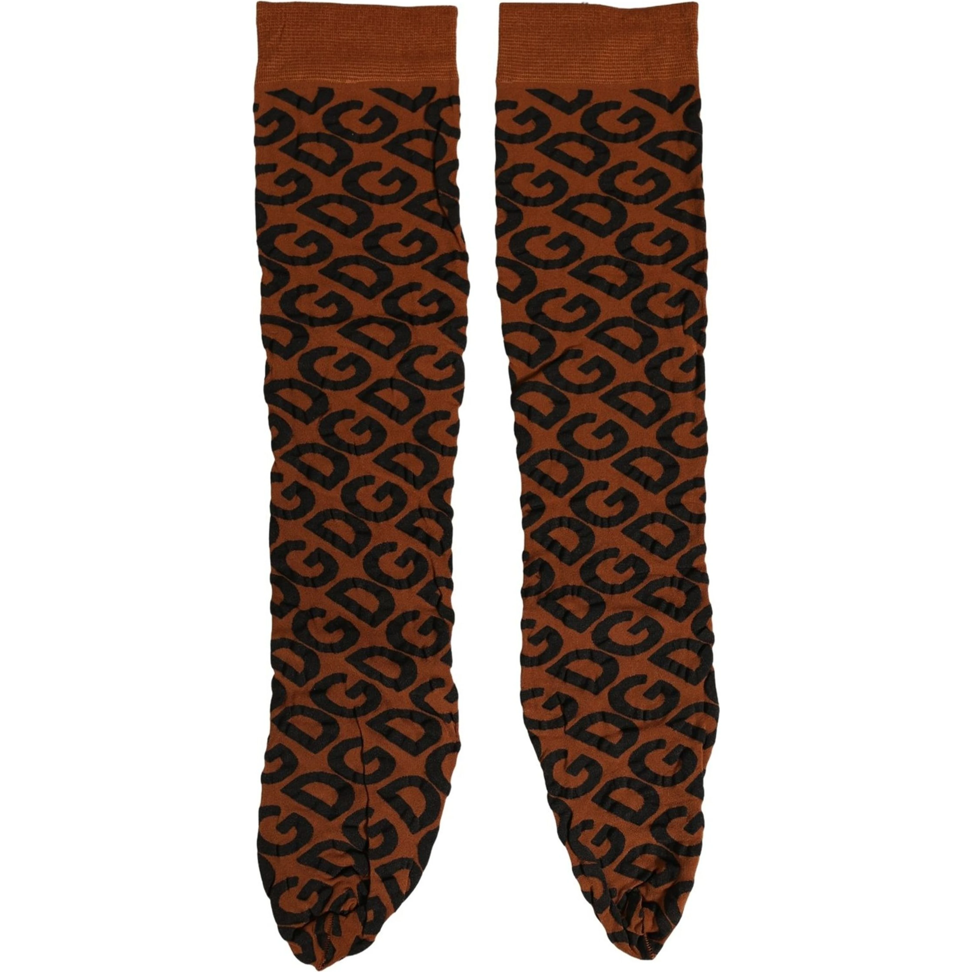 Brown Black Nylon DG Logo Mid Calf Accessory Socks