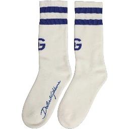 White Blue Cotton Logo Calf Women Accessory Socks