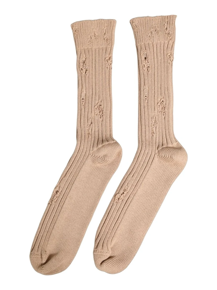 Beige Cotton Distressed Mid Calf Accessory Socks