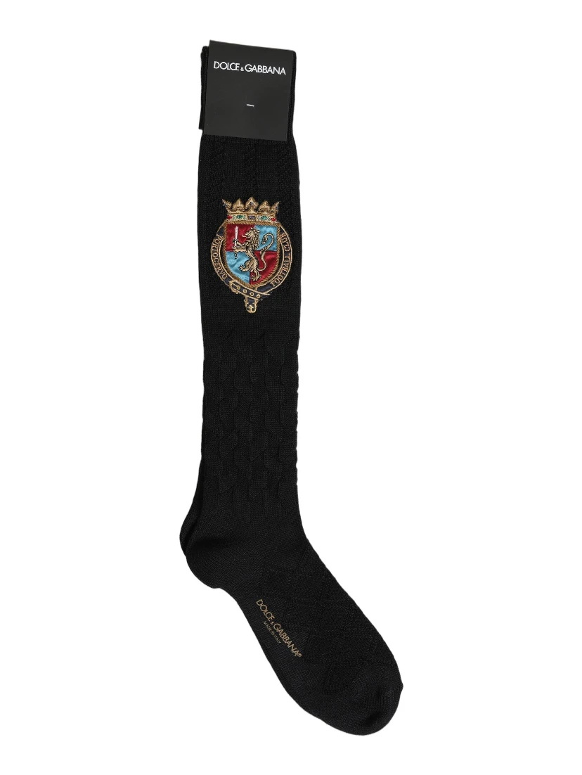 Men Black Wool Crest Logo Knee High Accessory Socks