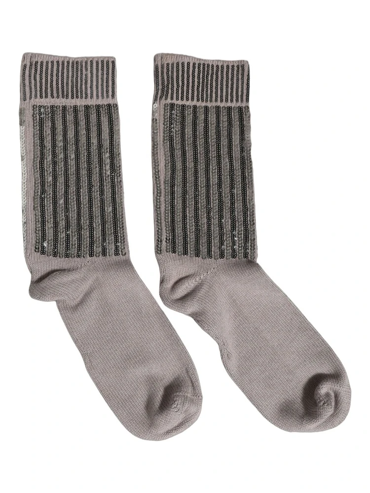 Gray Sequin Cotton Knit Mid Calf Accessory Socks