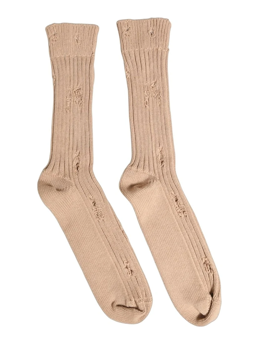 Beige Cotton Distressed Mid Calf Accessory Socks
