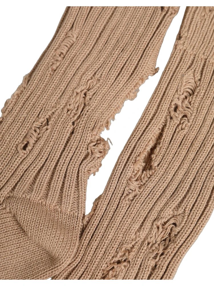 Beige Cotton Distressed Mid Calf Accessory Socks