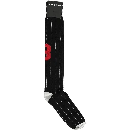 Men Black Pinstripe Logo Knee High Accessory Socks