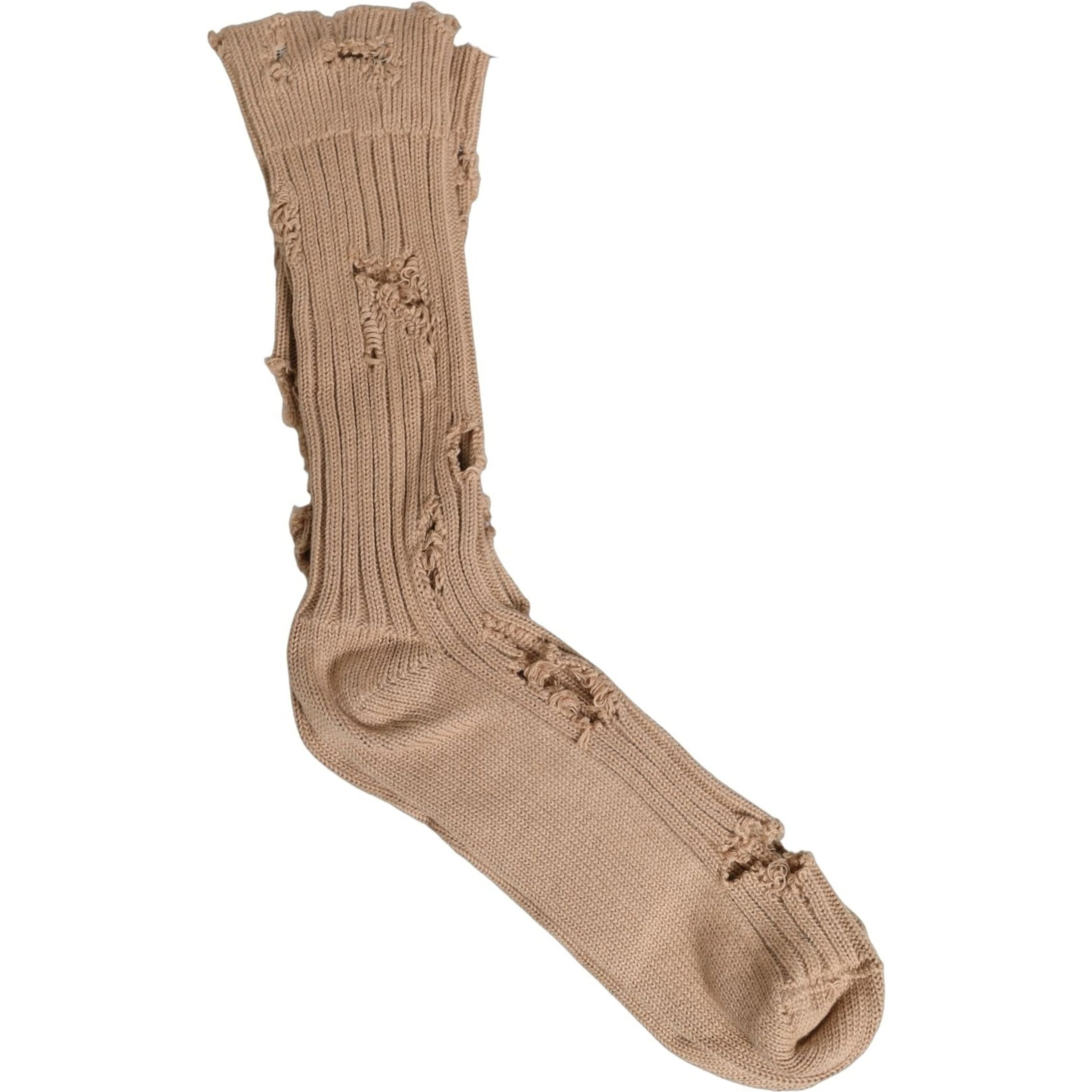 Beige Cotton Distressed Mid Calf Accessory Socks