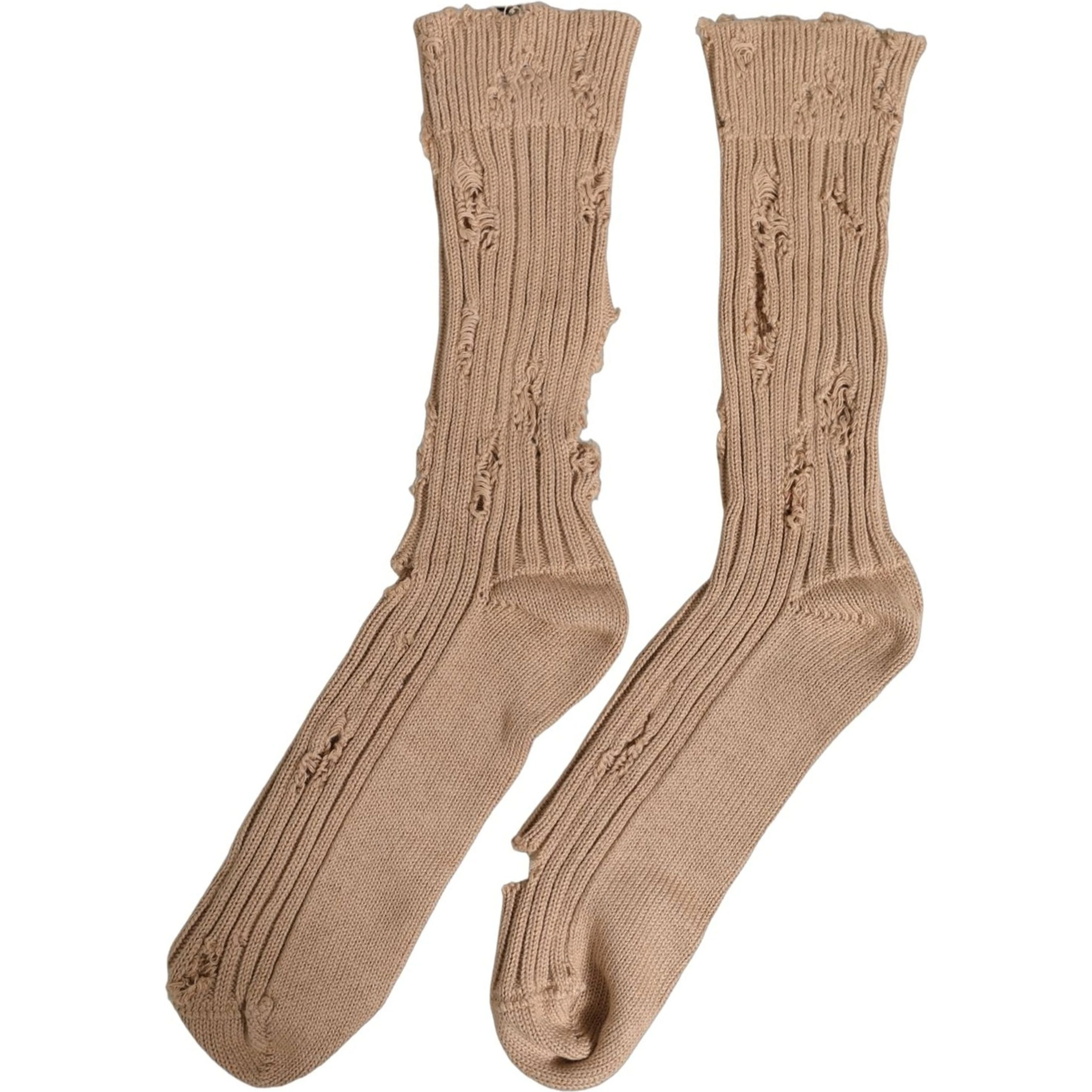 Beige Cotton Distressed Mid Calf Accessory Socks