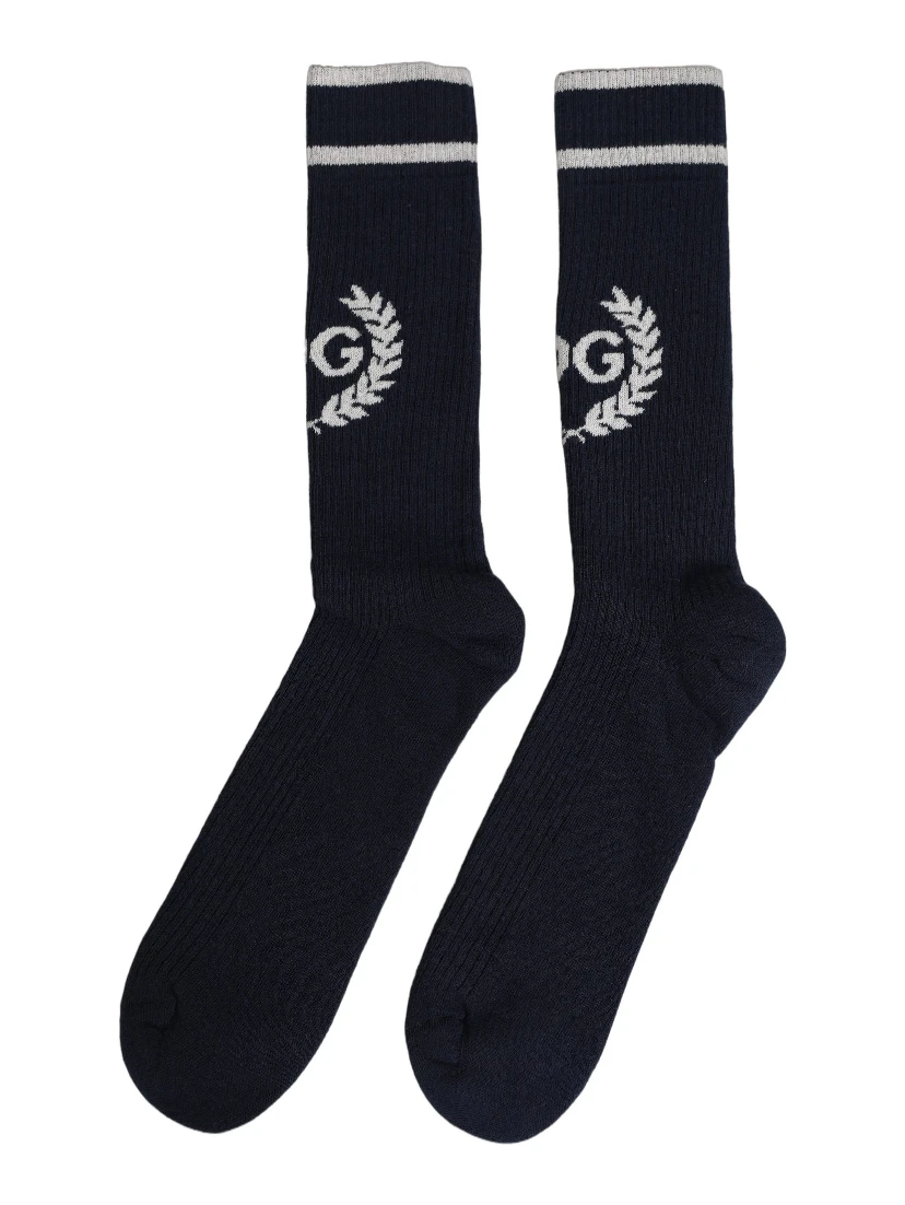 Men Navy Blue DG Logo Mid Calf Accessory Socks