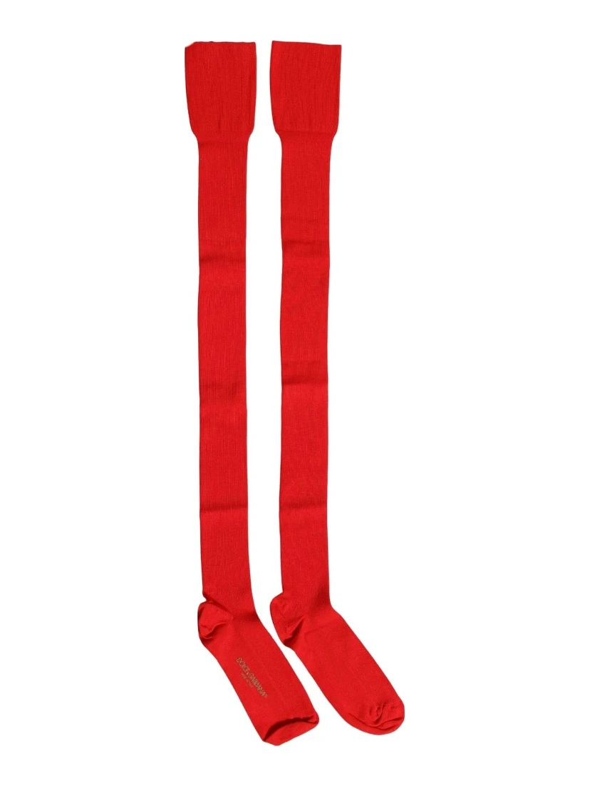 Men Red Logo Thigh High Ribbed Accessory Socks