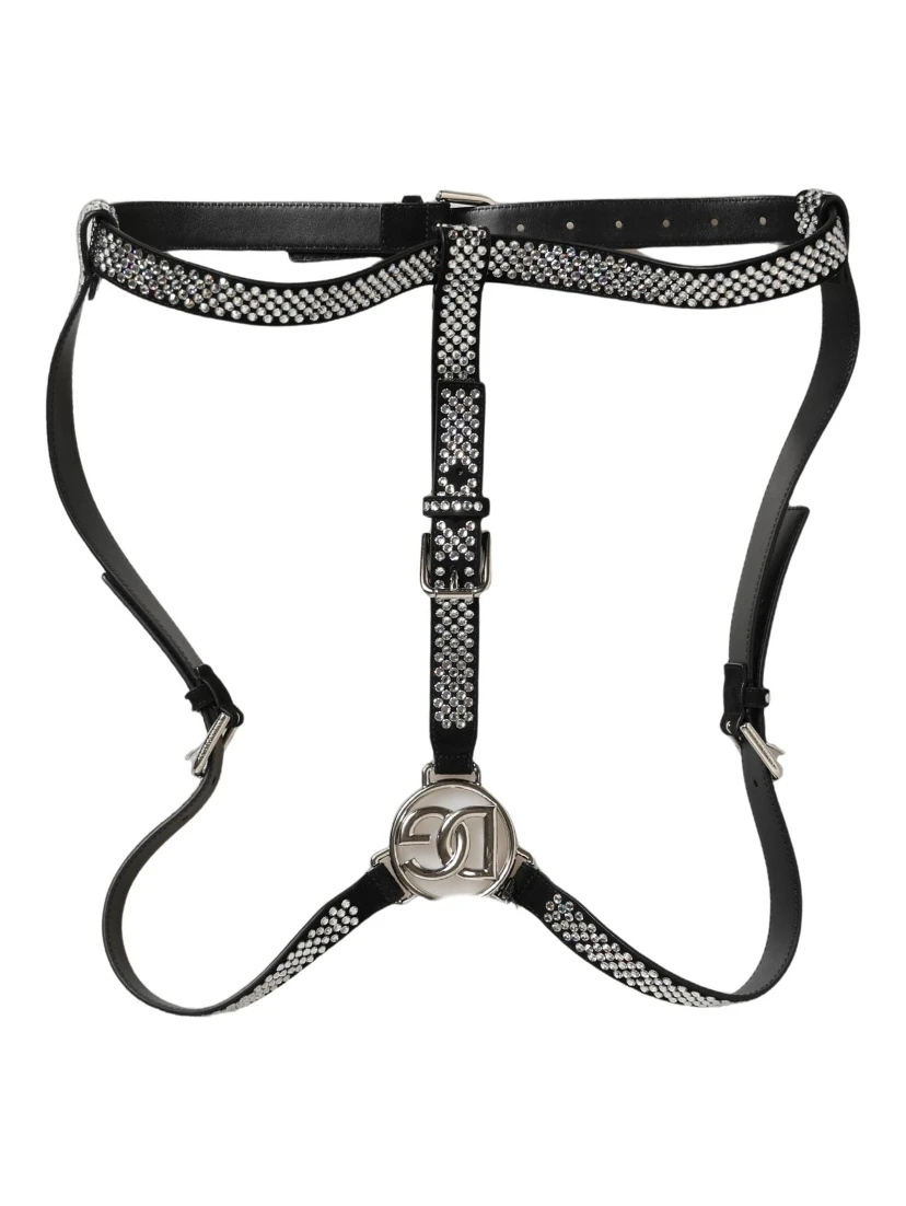Black Leather Rhinestones Embellished Men Suspender