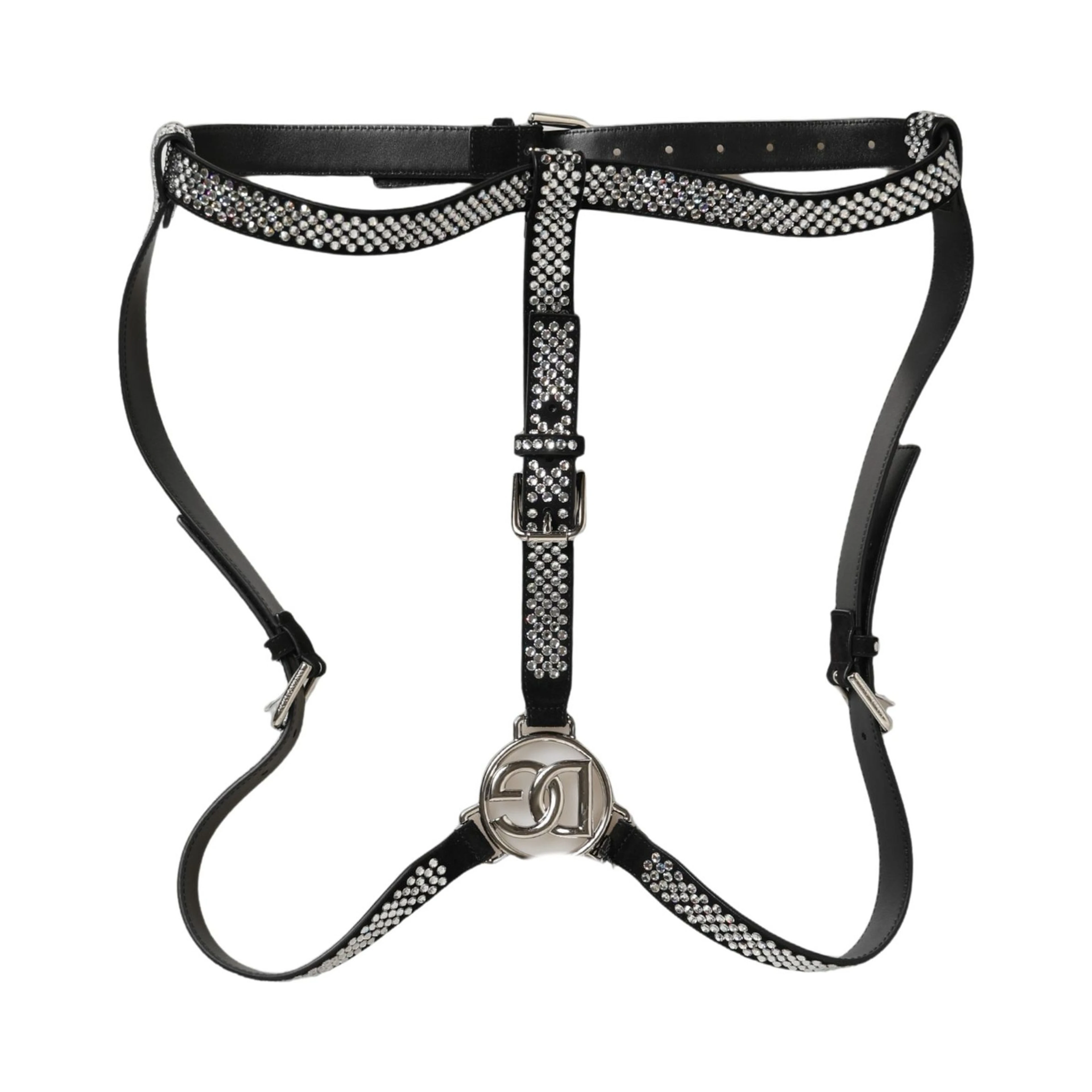 Black Leather Rhinestones Embellished Men Suspender