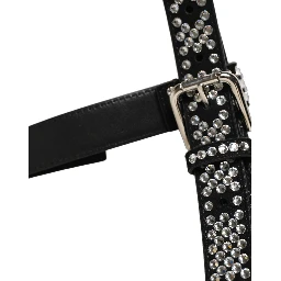 Black Leather Rhinestones Embellished Men Suspender
