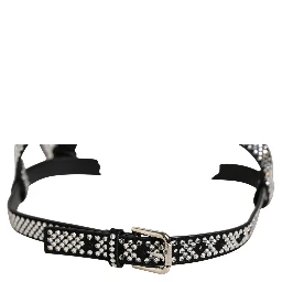 Black Leather Rhinestones Embellished Men Suspender