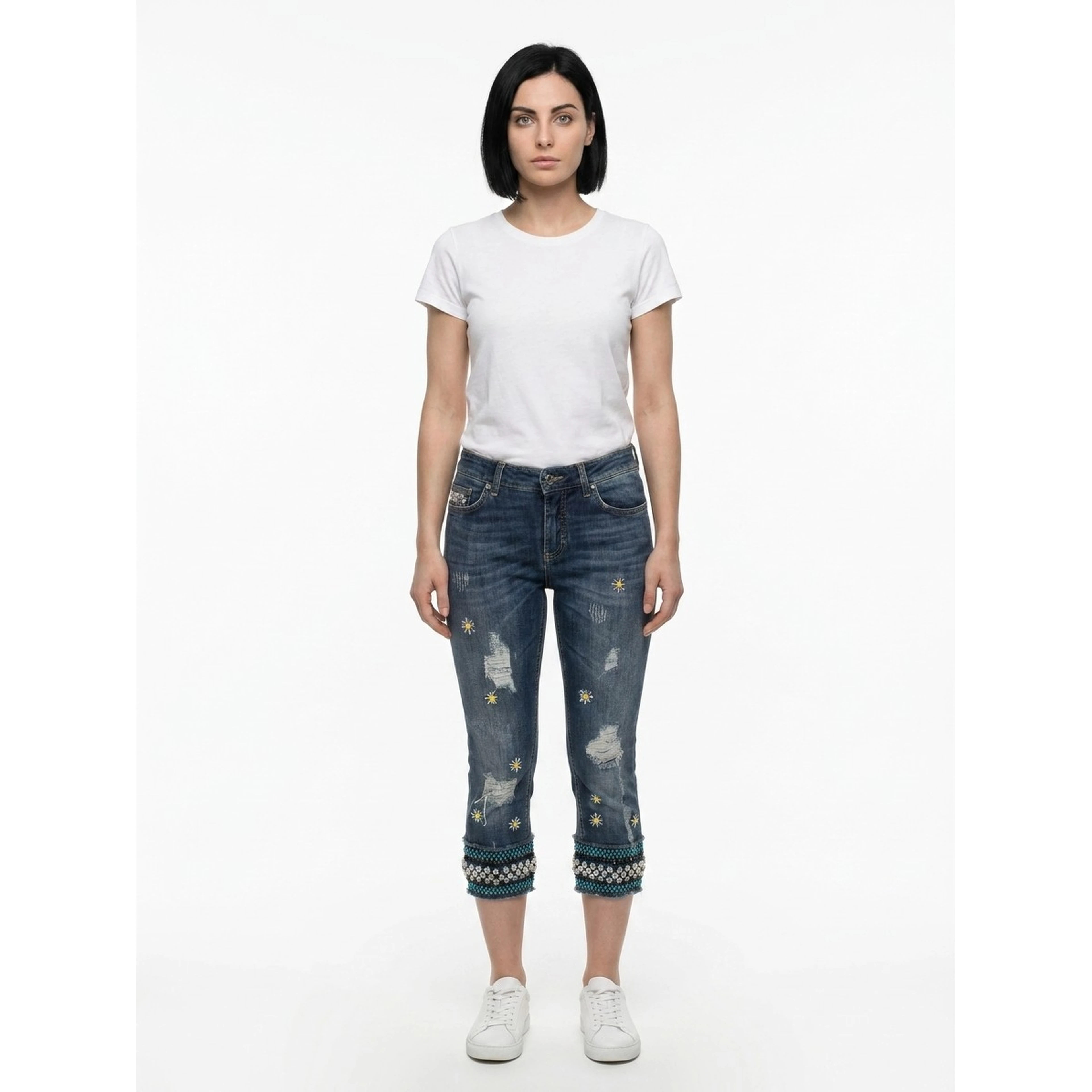 Blue Cotton Cropped Jeans