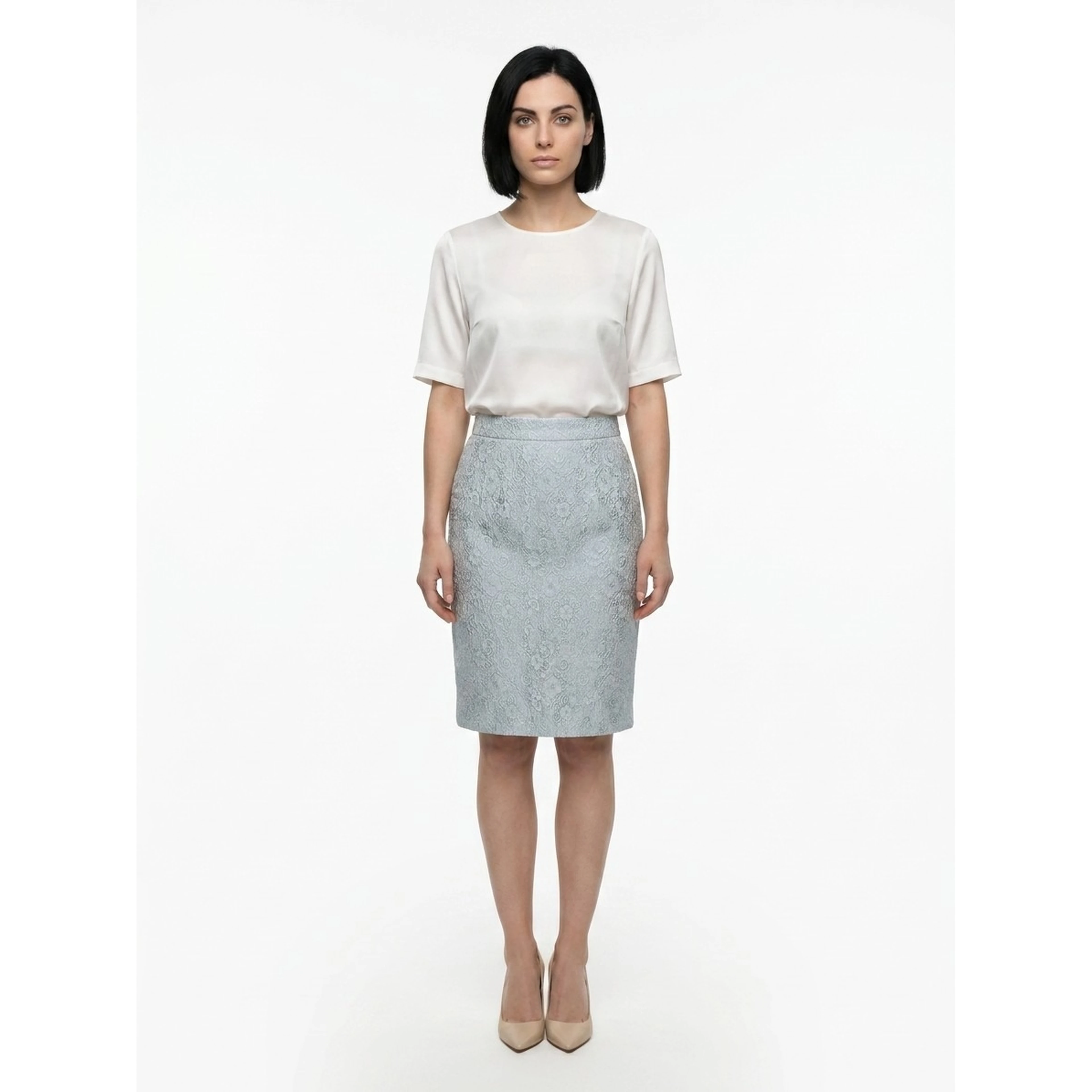 Light Blue Polyester Midi Skirt