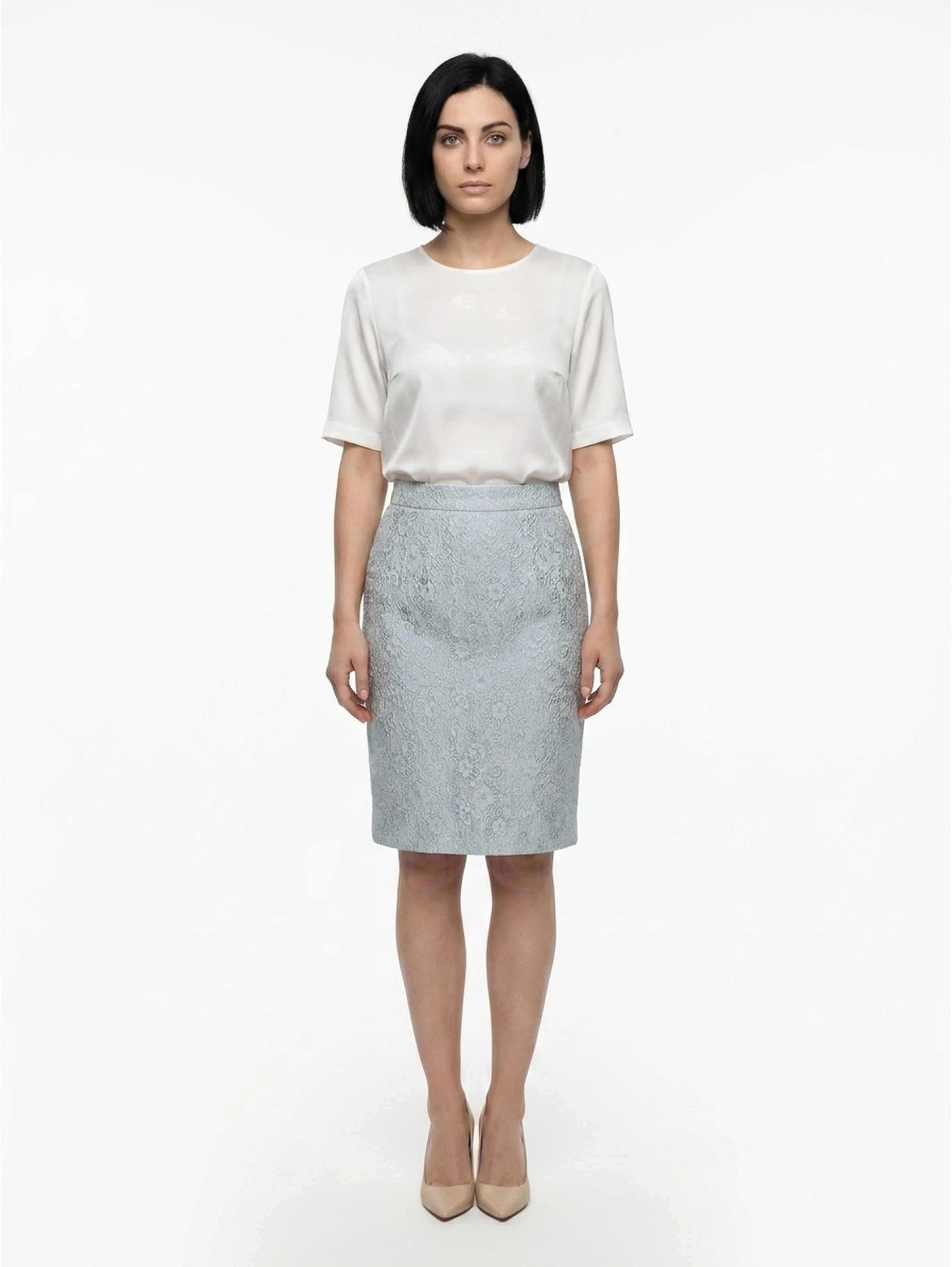 Light Blue Polyester Midi Skirt