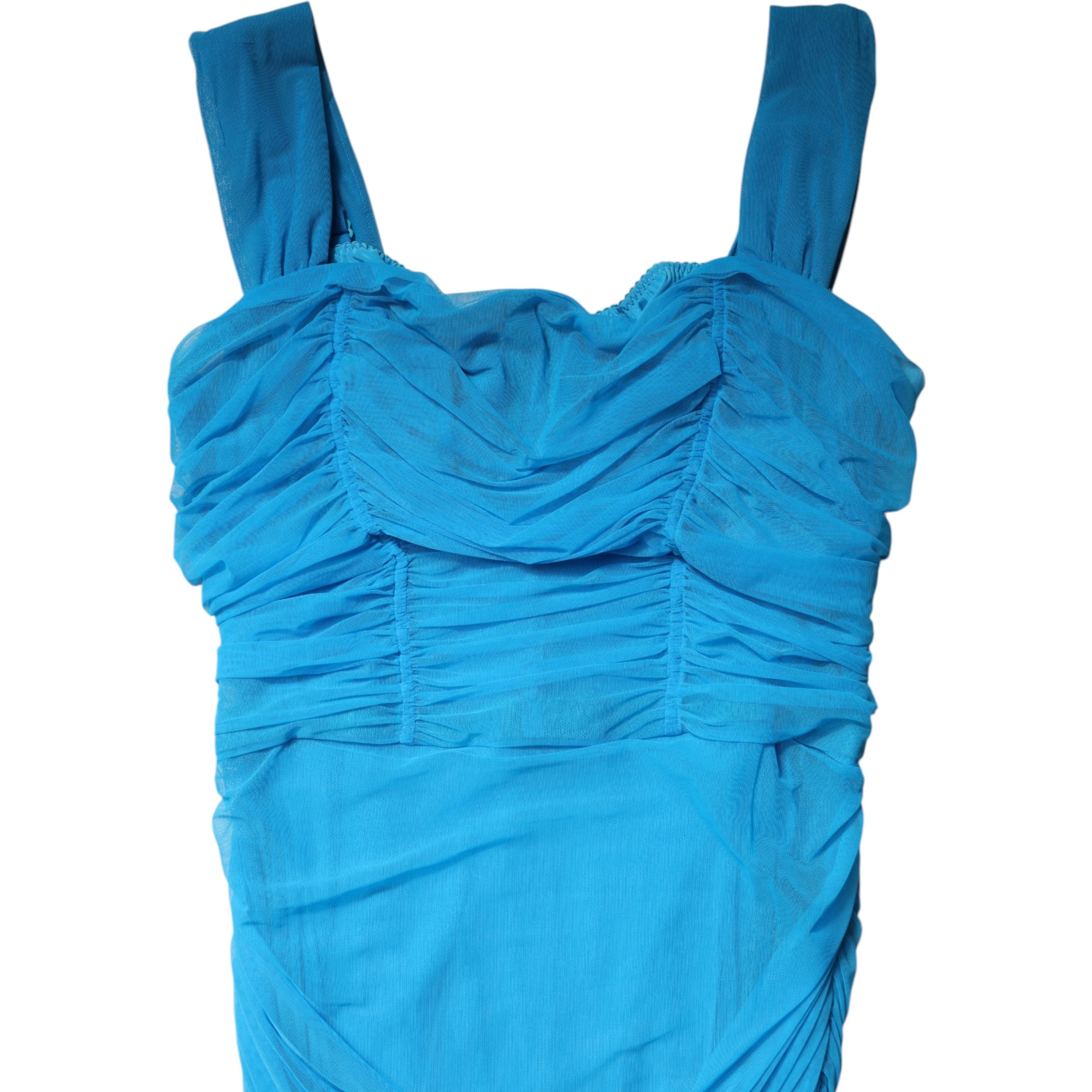 Blue Ruched Tulle Midi Square Neck Dress