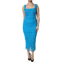 Blue Ruched Tulle Midi Square Neck Dress
