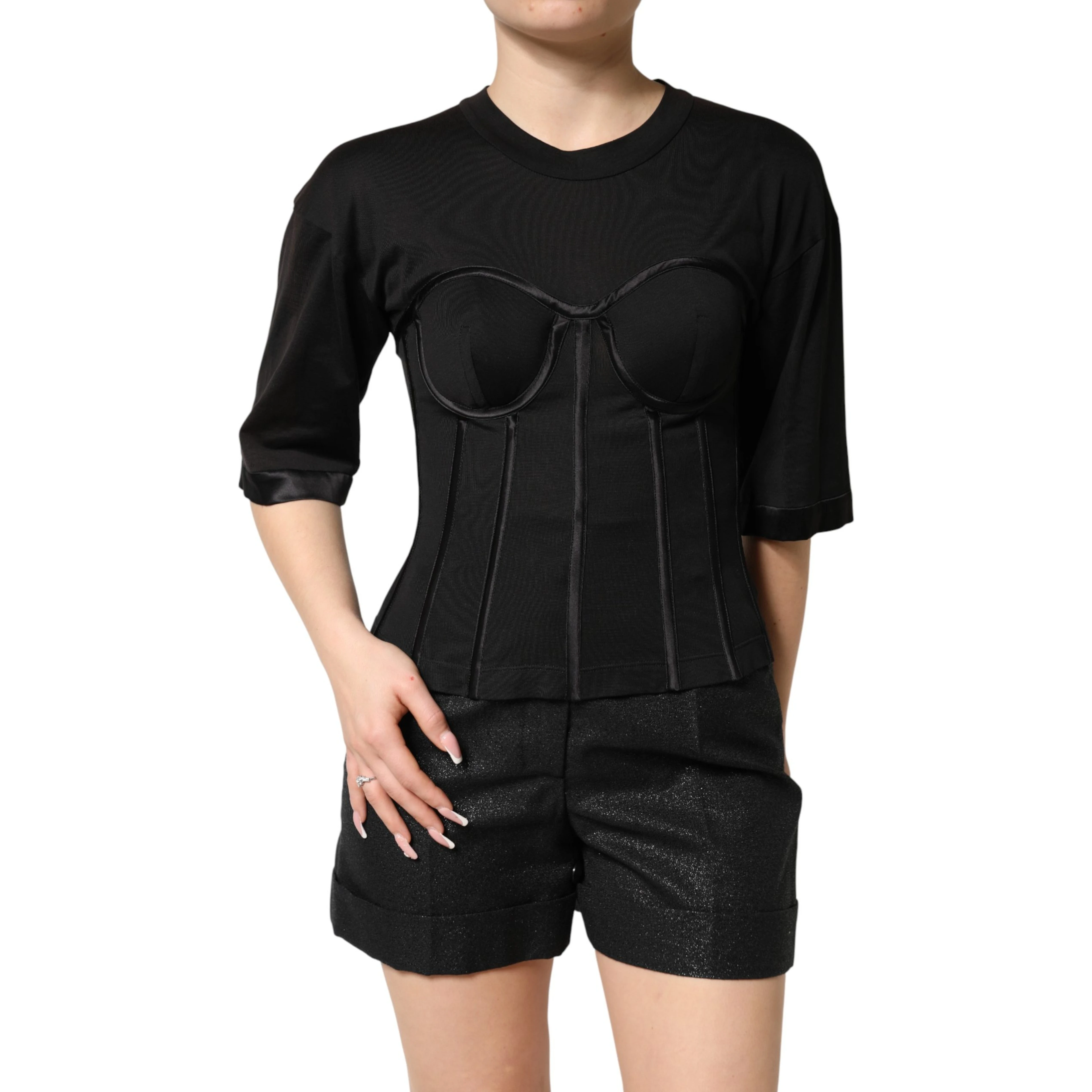 Black Cotton Short Sleeve Bustier T-shirt Top